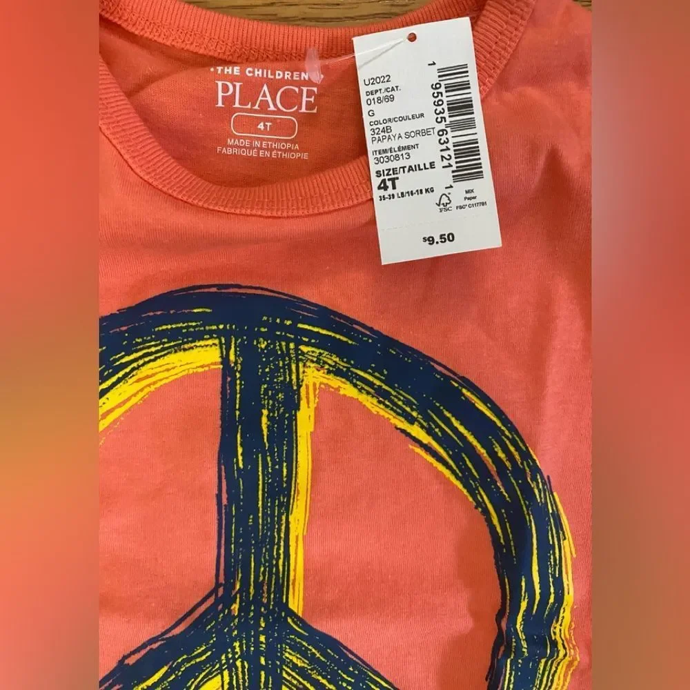 The children’s place (peace sign) tshirt, Size 4T, Color PAPAYA SORBET New